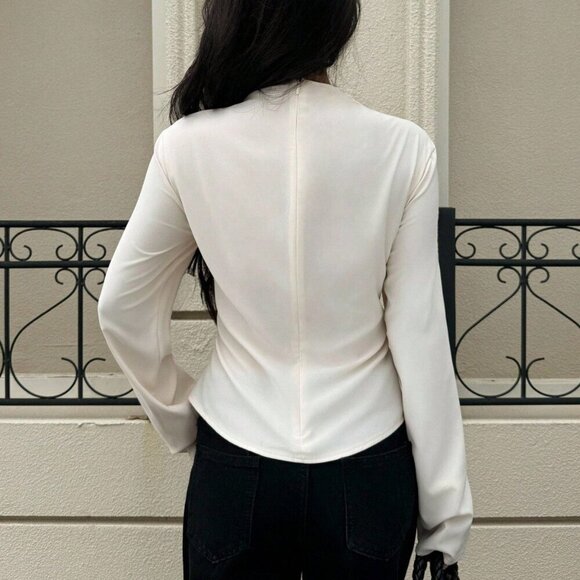 Apricot Elegant Women's Stand Collar Pleated Long Sleeve Blouse - Picture 2 of 6